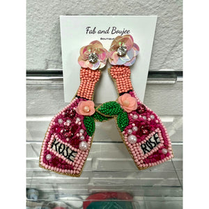 Rose Champagne Bottle Beaded & Sequence Earrings in Pink