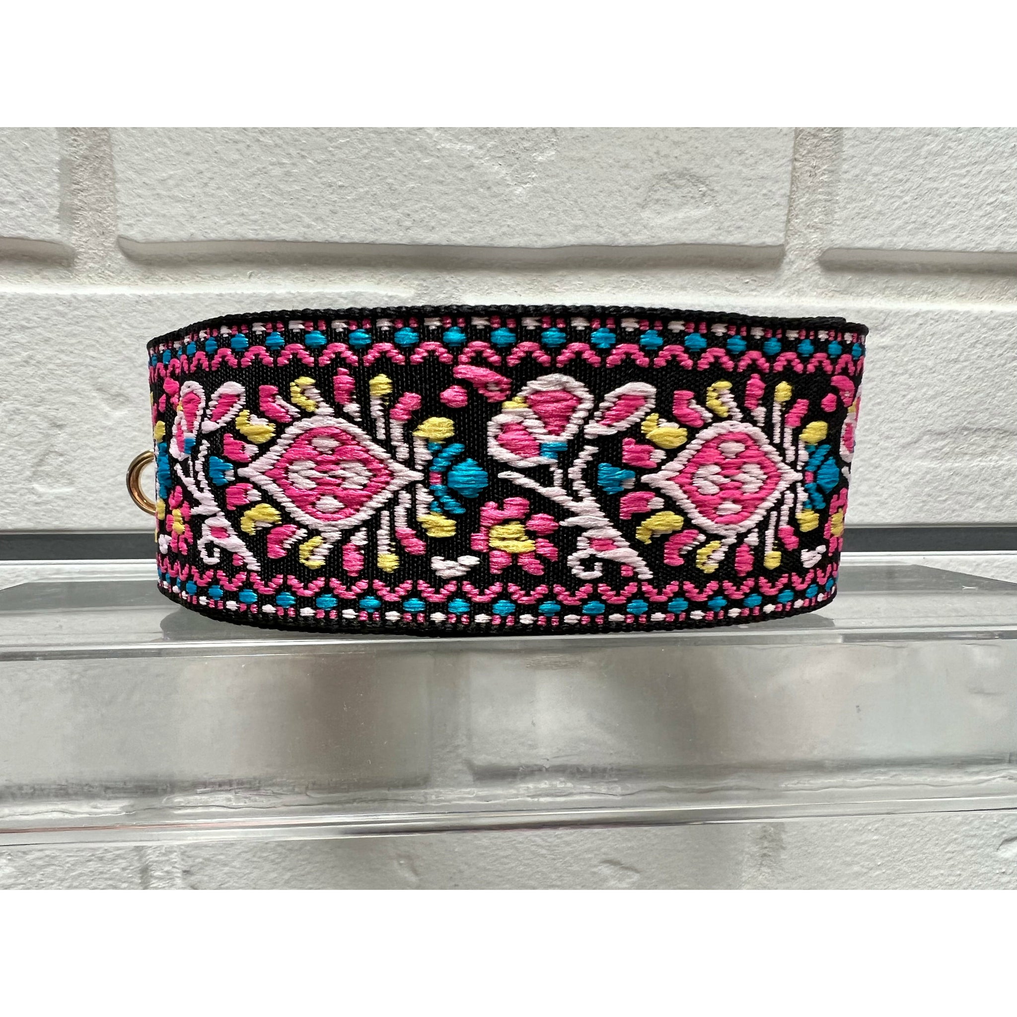 Hot Pink Floral Embroidered Print Woven Bag Strap