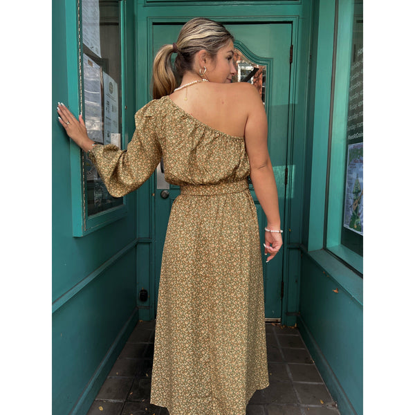 Asymmetrical Fall Floral Print Maxi Dress in an Olive Background with Tiny Cream and Brown Floral Print