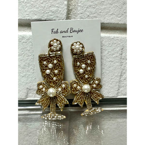 Champagne Glass Beaded Earrings in Gold & Pearl