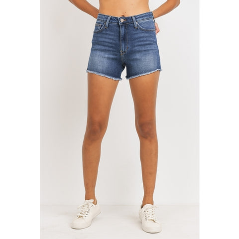 Dark Blue Denim Shorts with High Rise and Frayed Hem Front view