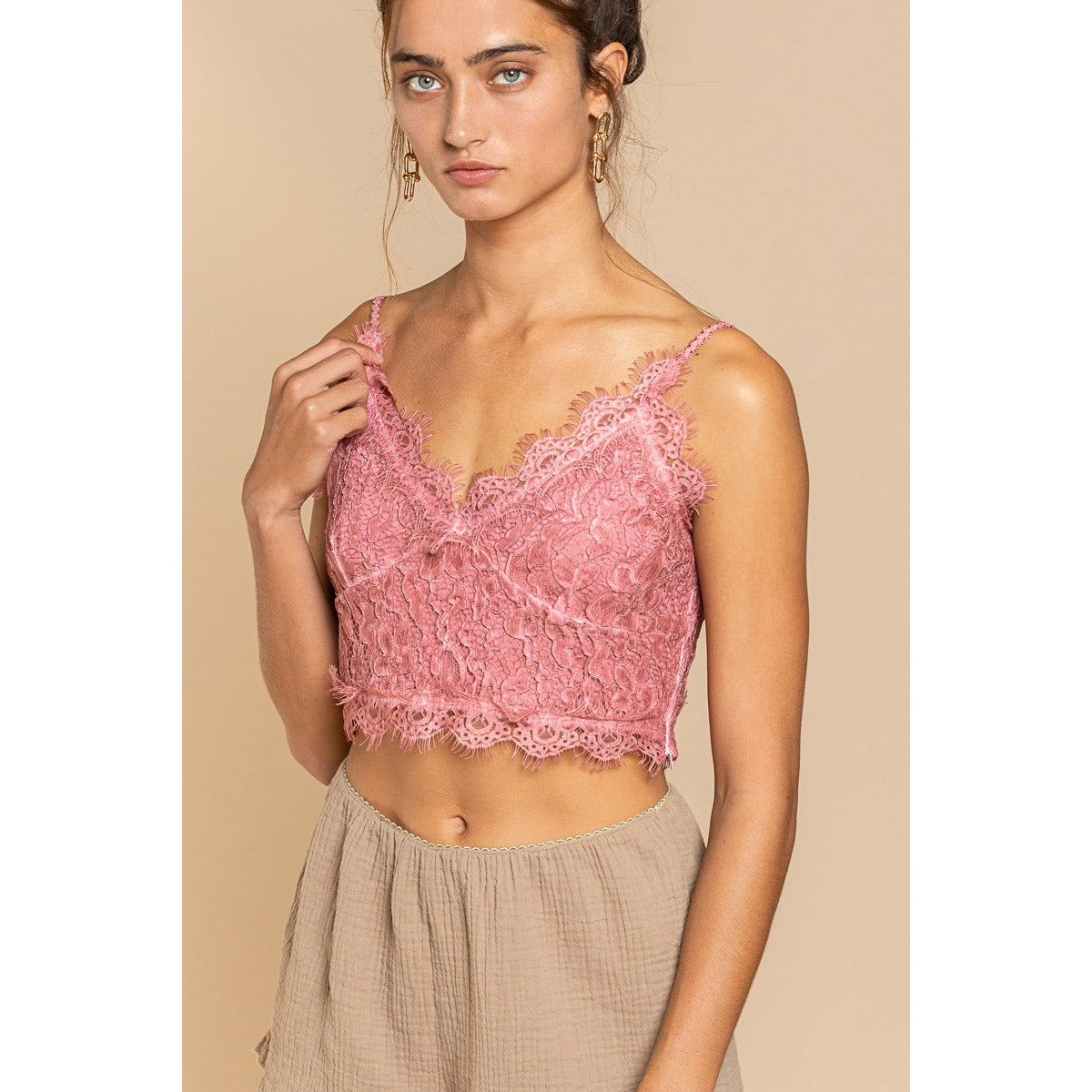 Lace Crop Top with Side Zip in Sangria Red.
