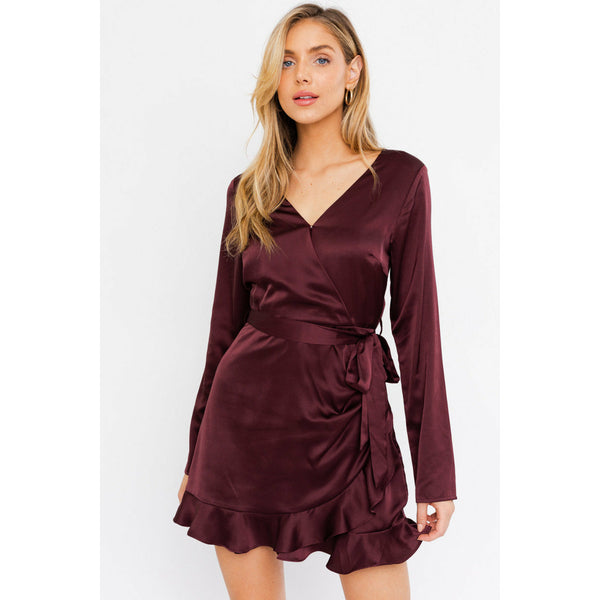 Satin Ruffled Wrap Dress in Merlot