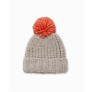 Beige Knit Hat With Orange Pom Pom