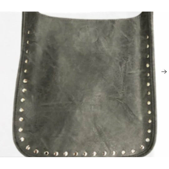 Mini Faux Leather Messenger Bag with Silver Studs in Grey