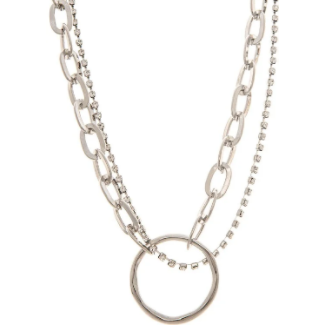 Silver Tone Circle Drop Chain Link Necklace