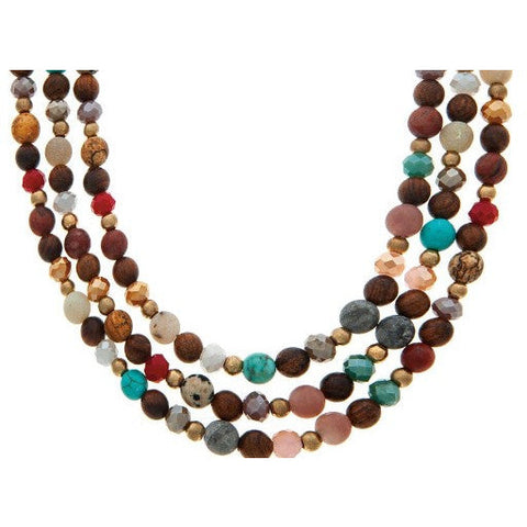 Gold Turquoise Brown Stone Bead Layer Necklace