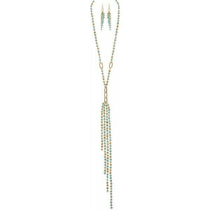 Gold Green/Blue Glass Long Lariat Necklace Set