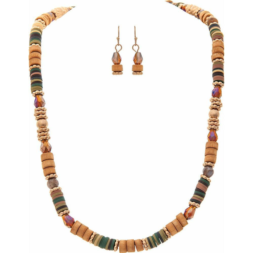 Gold, Wood&  Glass Beaded Neutral Necklace
