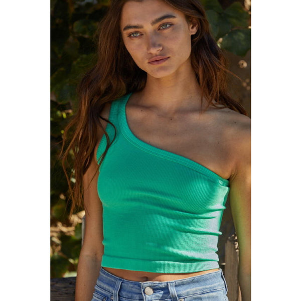 ribbed green knit one shoulder seamless tank top up close front view