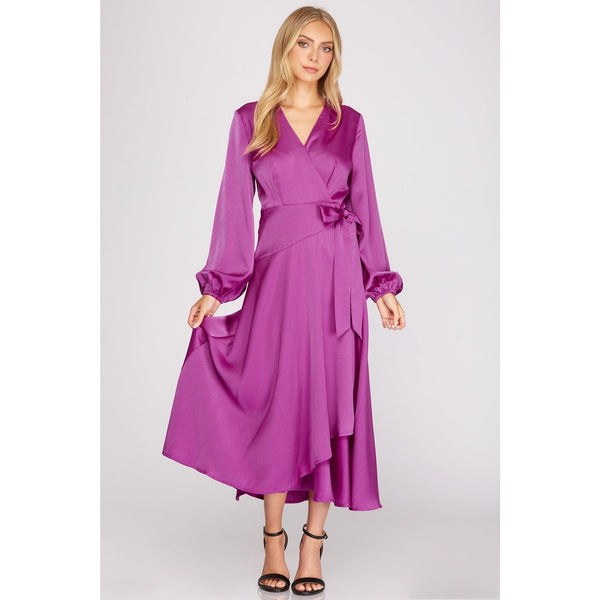 Long Sleeve Satin Maxi Dress in Orchid