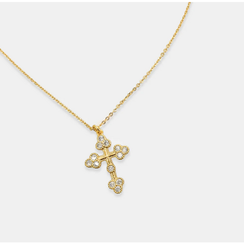 white simulated diamond and 14K gold cross pendant on 15 inch chain