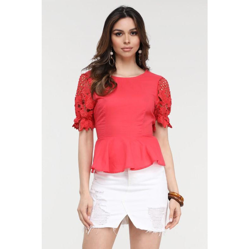 Peplum Top with Lace Crochet Sleeves in Coral