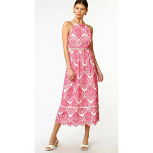Amelia Halter Embroidered Midi Dress with Magenta Pink embroidery over a White background