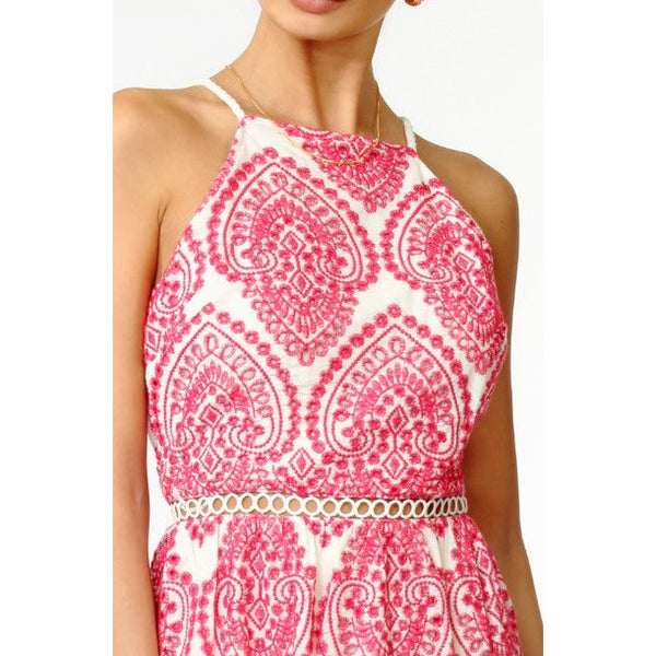 Amelia Halter Embroidered Midi Dress with Magenta Pink embroidery over a White background
