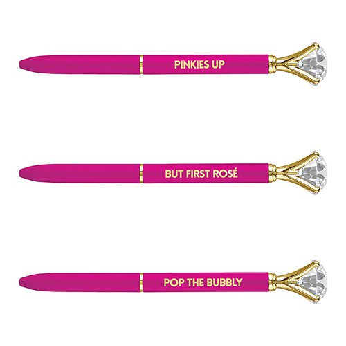 Bubbly Gem Pens in Pink showing sassy sayings, like Pop The Bubbly.
