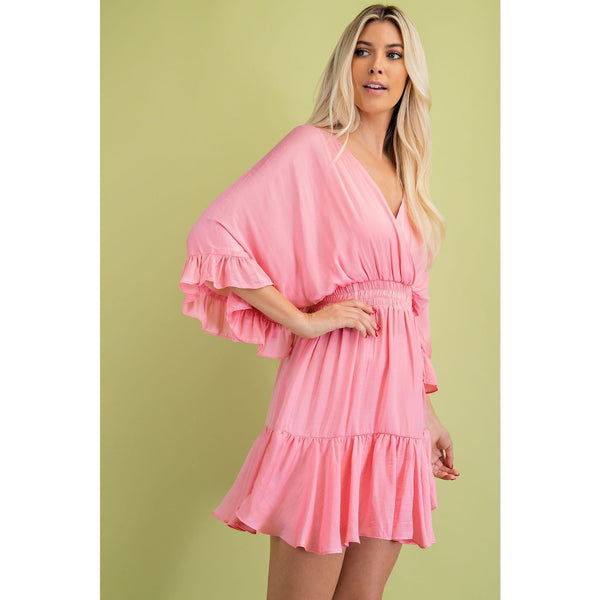 Pink silky Whimsical Flutter Dress with 3/4 sleeve side view