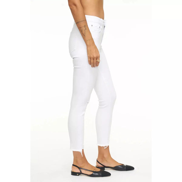 side view skinny stretch cropped white denim jeans with light distressing