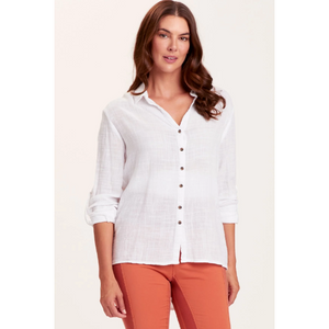 white gauze long sleeved button down top front view