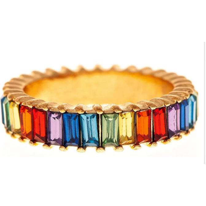 Gold Tone Ring with Rainbow Baguettes Crystal Ring
