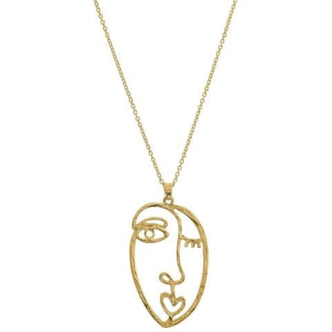 Matte Gold Picasso Sketch Face Pendant Necklace