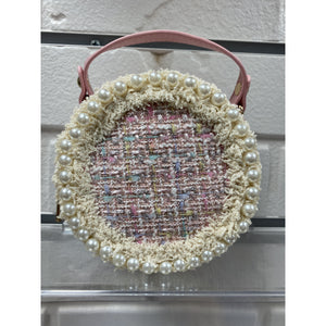 Round Pink Tweed Crossbody Bag with Pearl Detailing
