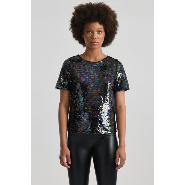 Sequined Tee in Black with Multi-Color Sheen