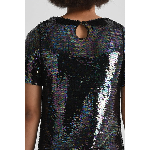 Sequined Tee in Black with Multi-Color Sheen