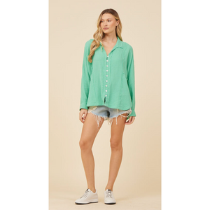 surf green gauze long sleeve button down collared shirt front view