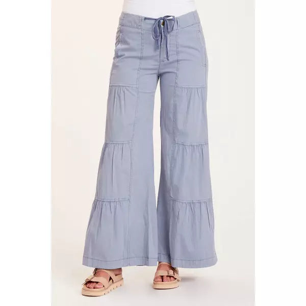 terraced flare pant front view in cornflower blue