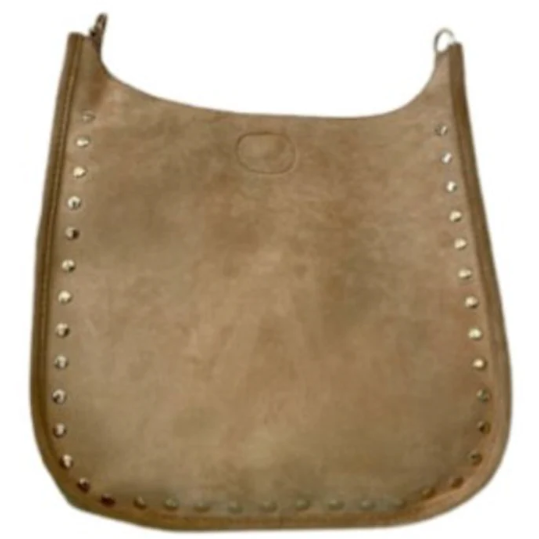 Mini Vegan Suede Messenger Bag with Gold Studs in Camel