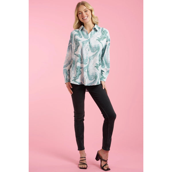 Blue Wavy Marble Button Down Long Sleeve Shirt full view