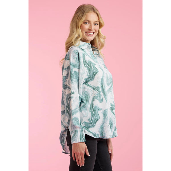 Blue Wavy Marble Button Down Long Sleeve Shirt side view