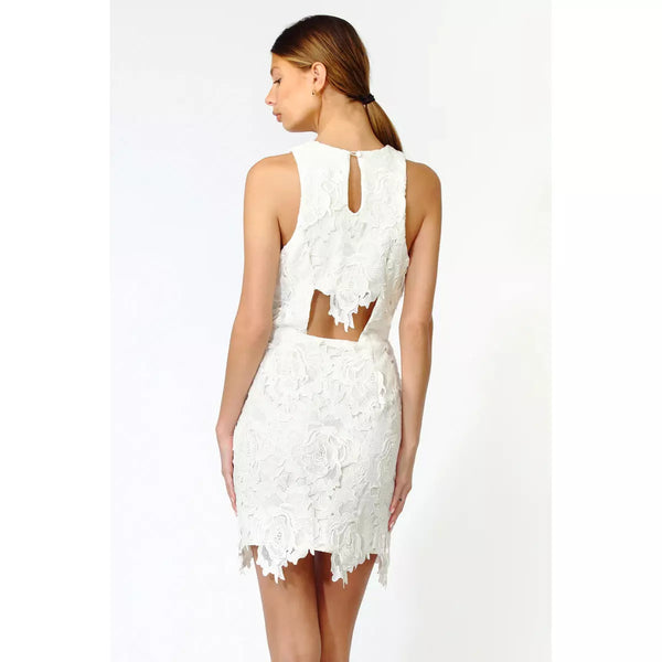 Floral crochet white dress back view with lower back cutout